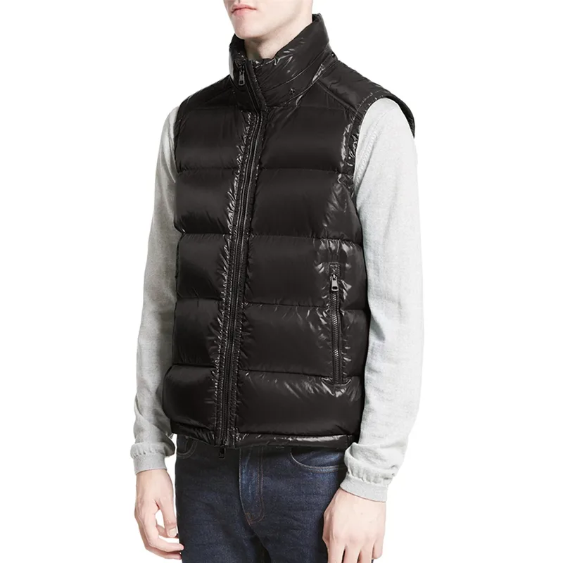 Men's Hooded Puffer Vest — 1 Colourway — Black, worn front view, hood down