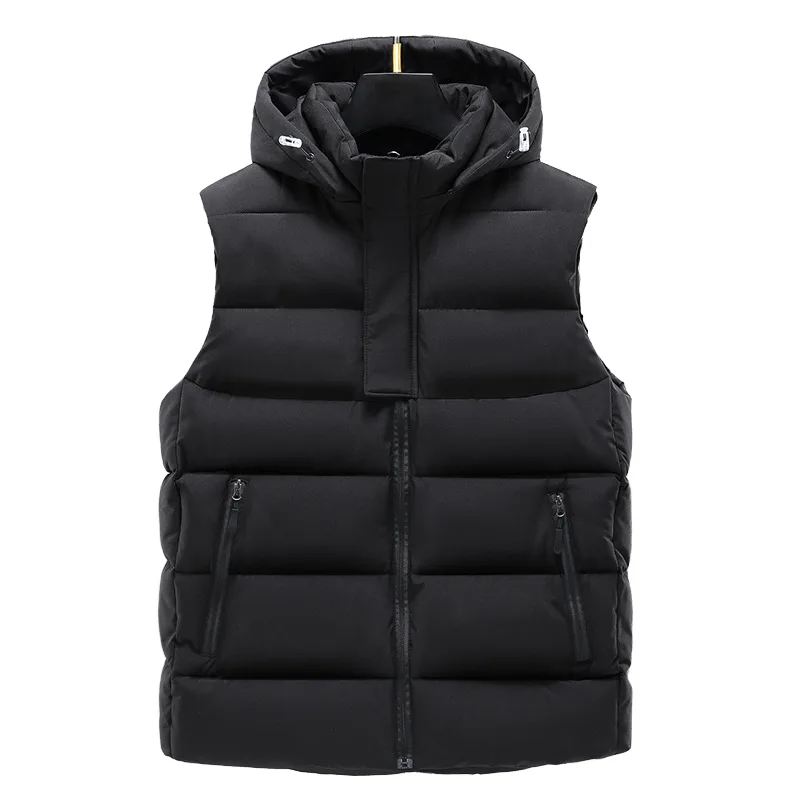 Men’s Hooded Puffer Vest — Black — Black, front view, hood up