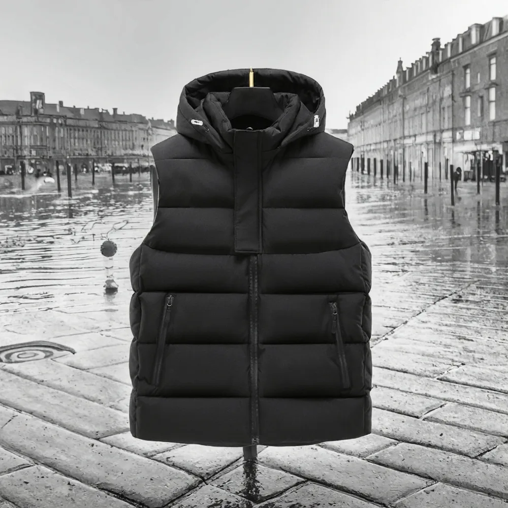 Men’s Hooded Puffer Vest — Black — Black, front view, styled scene