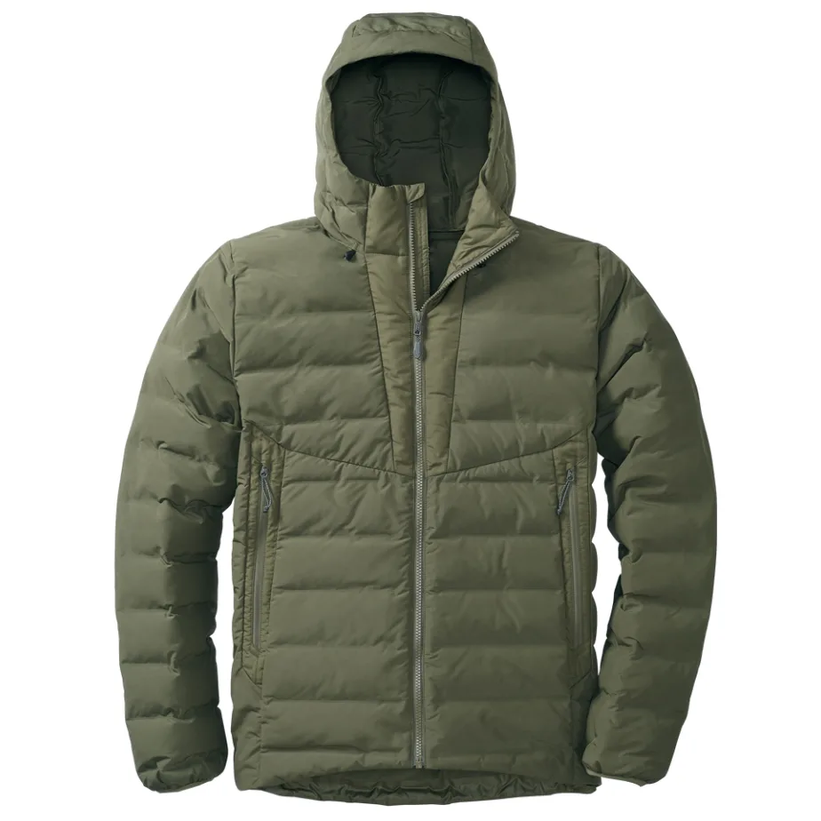 Men’s Hooded Quilted Jacket — Olive/Army Green — Olive/Army Green, front view, hood up