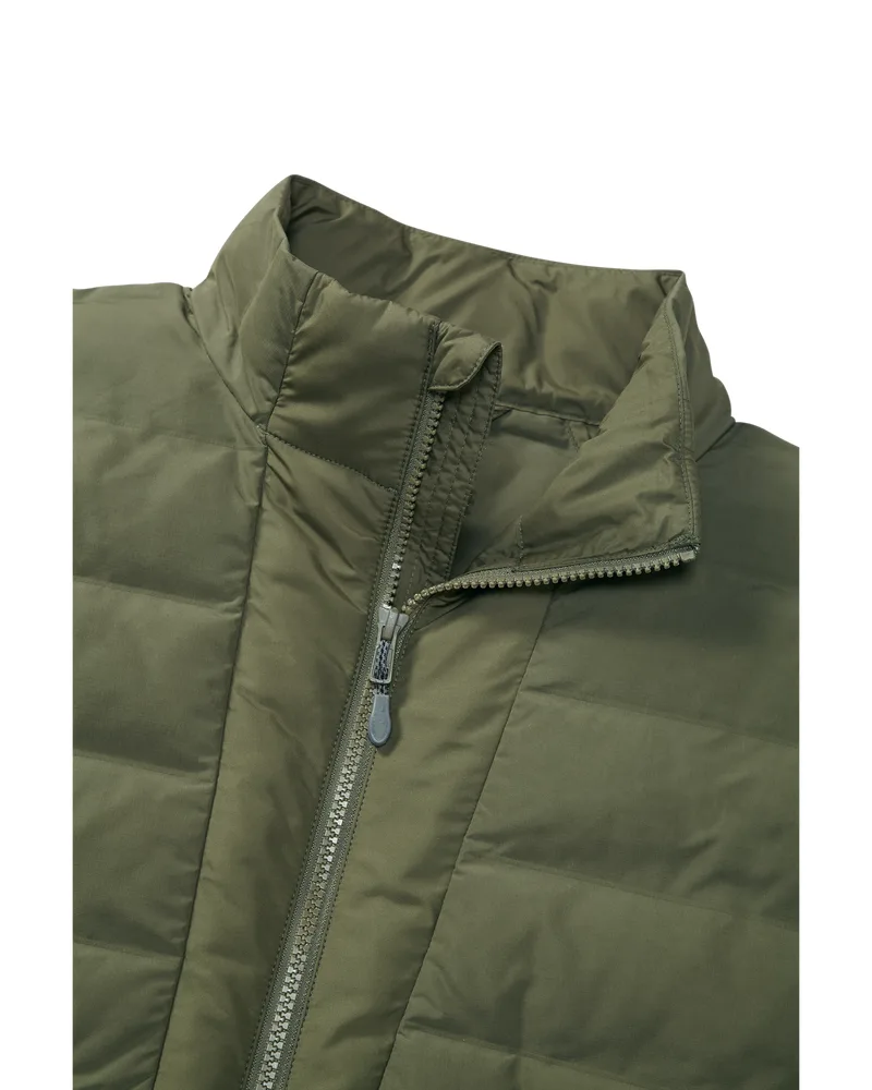 Men’s Hooded Quilted Jacket — Olive/Army Green — Olive/Army Green, collar and zip close-up