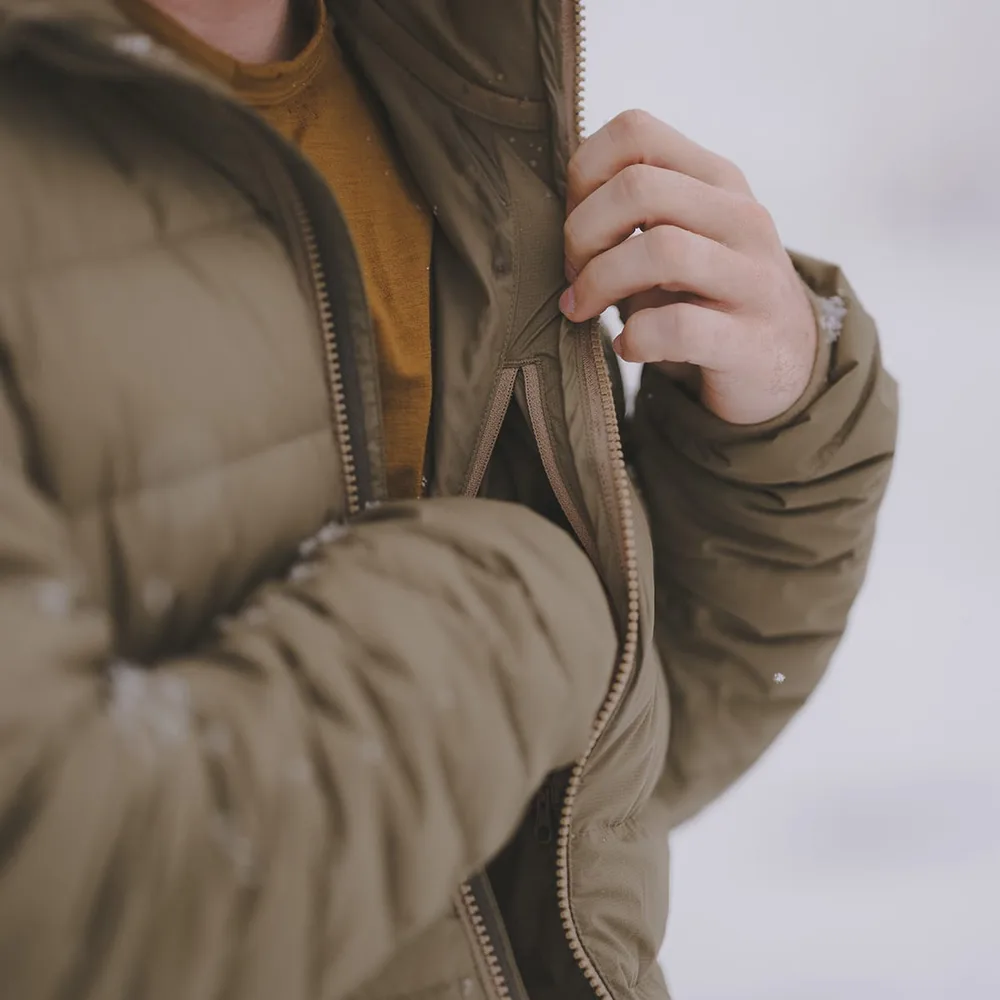 Men’s Hooded Quilted Jacket — Olive/Army Green — Olive/Army Green, front detail, worn