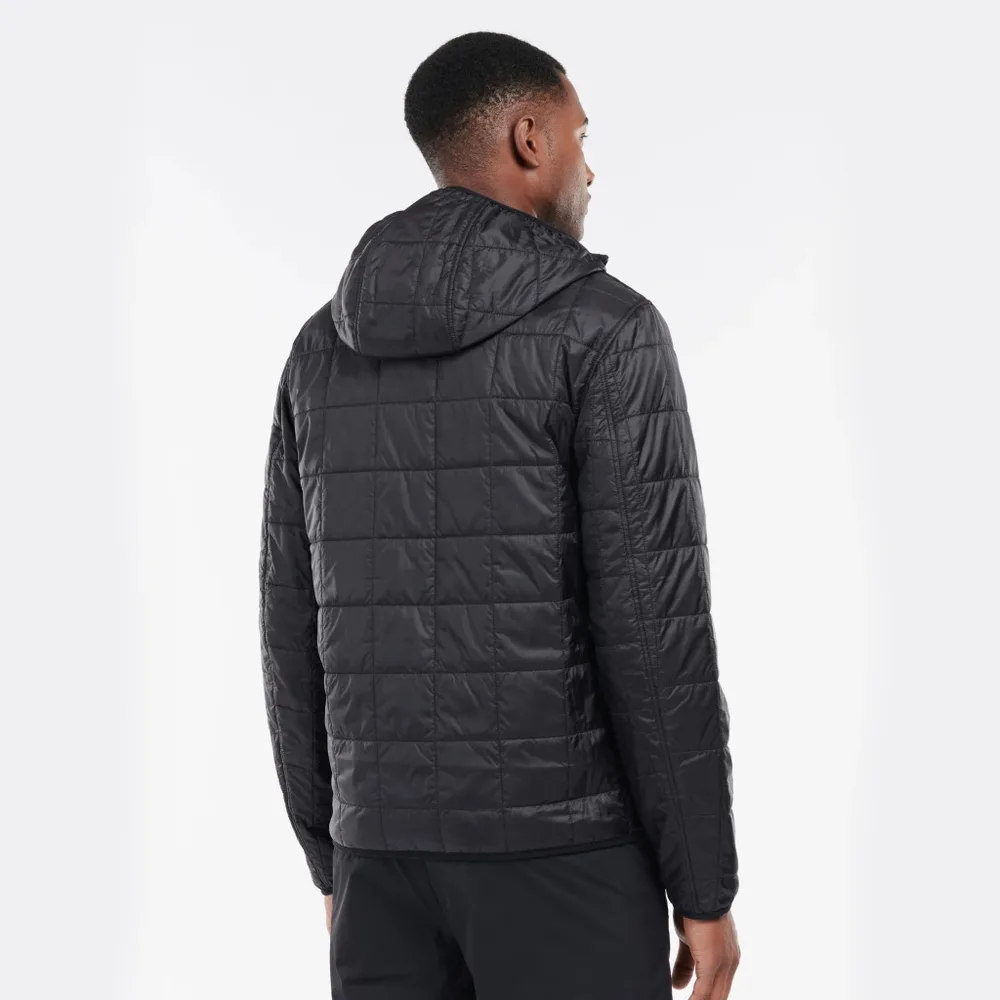 Men’s Hooded Quilted Jacket — Black — Black, back view, worn