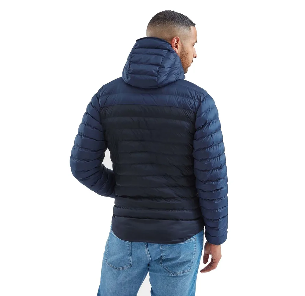 Men’s Hooded Quilted Jacket — Navy — Navy, back view, worn