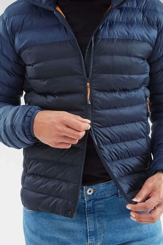 Men’s Hooded Quilted Jacket — Navy — Navy, front view, worn, open