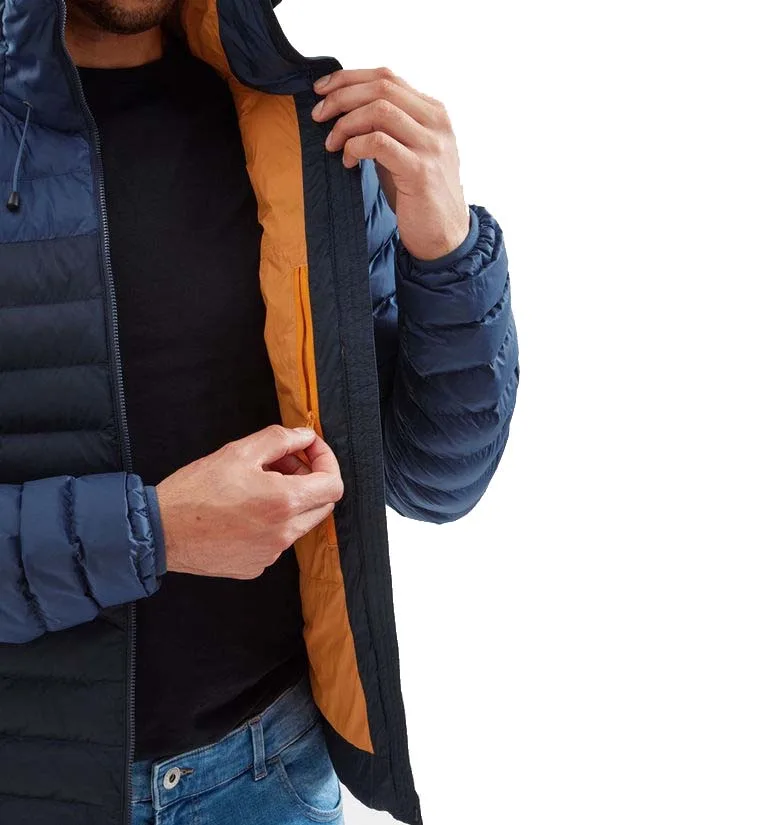 Men’s Hooded Quilted Jacket — Navy — Navy, interior and orange lining