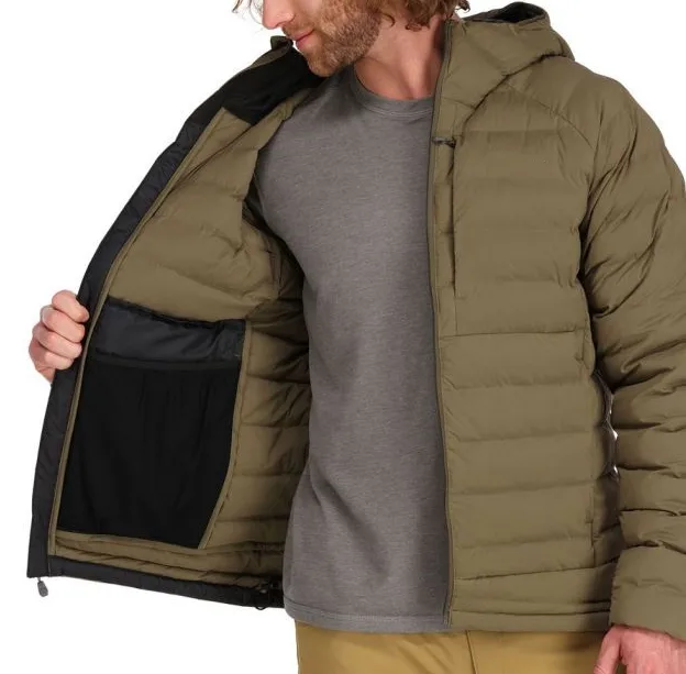 Men’s Hooded Quilted Jacket — Olive — Olive, interior view, worn open