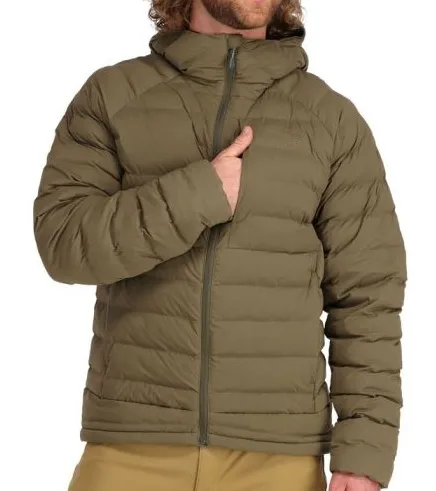 Men’s Hooded Quilted Jacket — Olive — Olive, chest pocket view, worn
