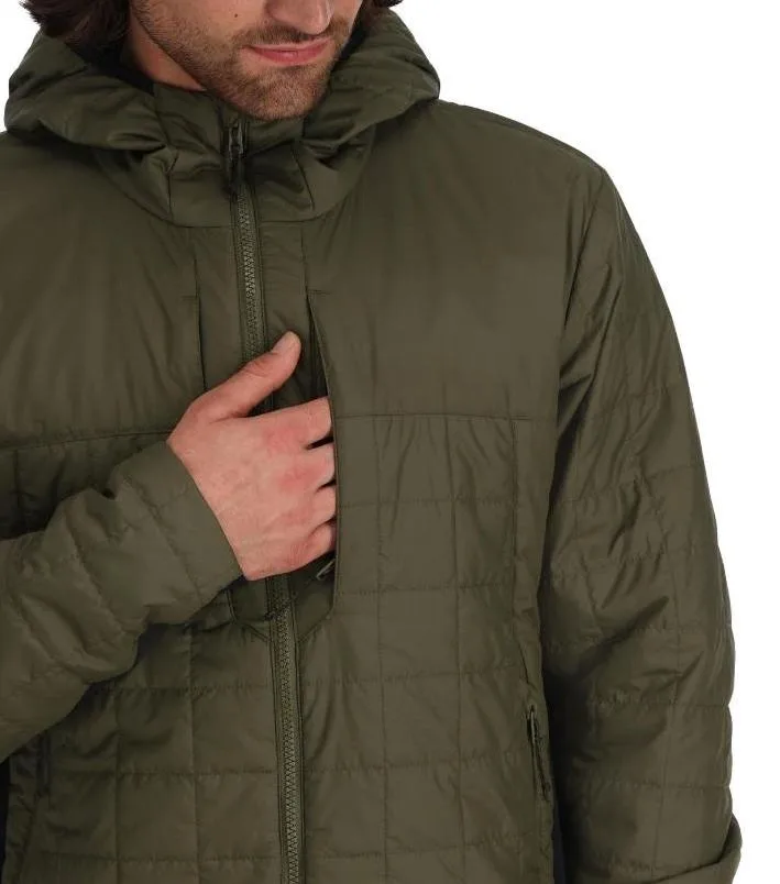 Men’s Hooded Quilted Jacket — Olive Brown — Olive Brown, chest pocket view, worn