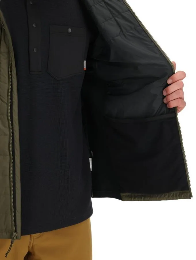Men’s Hooded Quilted Jacket — Olive Brown — Olive Brown, interior view, worn open