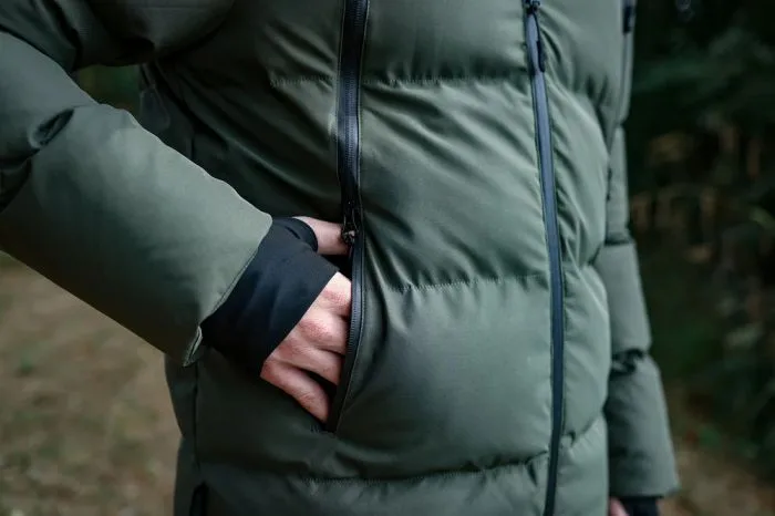 Men’s Hooded Quilted Jacket — Olive Green — Olive Green, pocket detail, worn outdoors