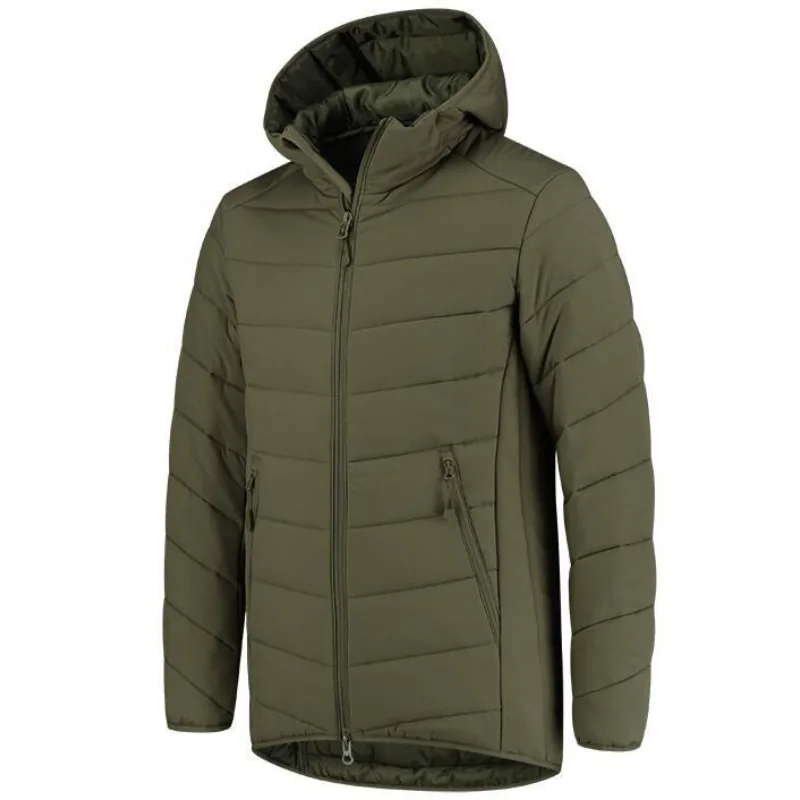 Men’s Hooded Quilted Jacket — Olive — Olive, front view, flat