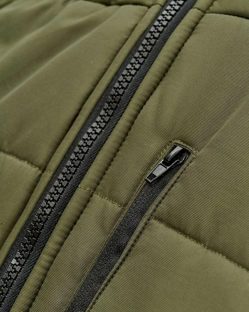 Men’s Hooded Quilted Jacket — Olive — Olive, pocket detail