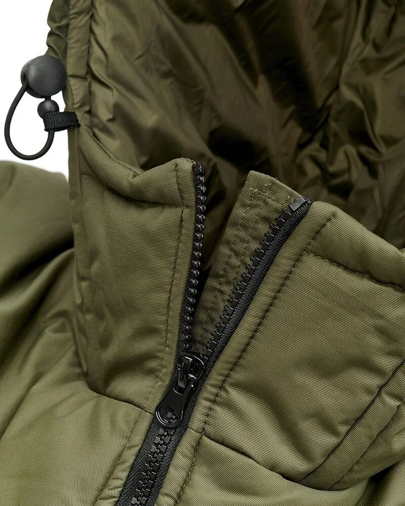 Men’s Hooded Quilted Jacket — Olive — Olive, zipper and collar detail