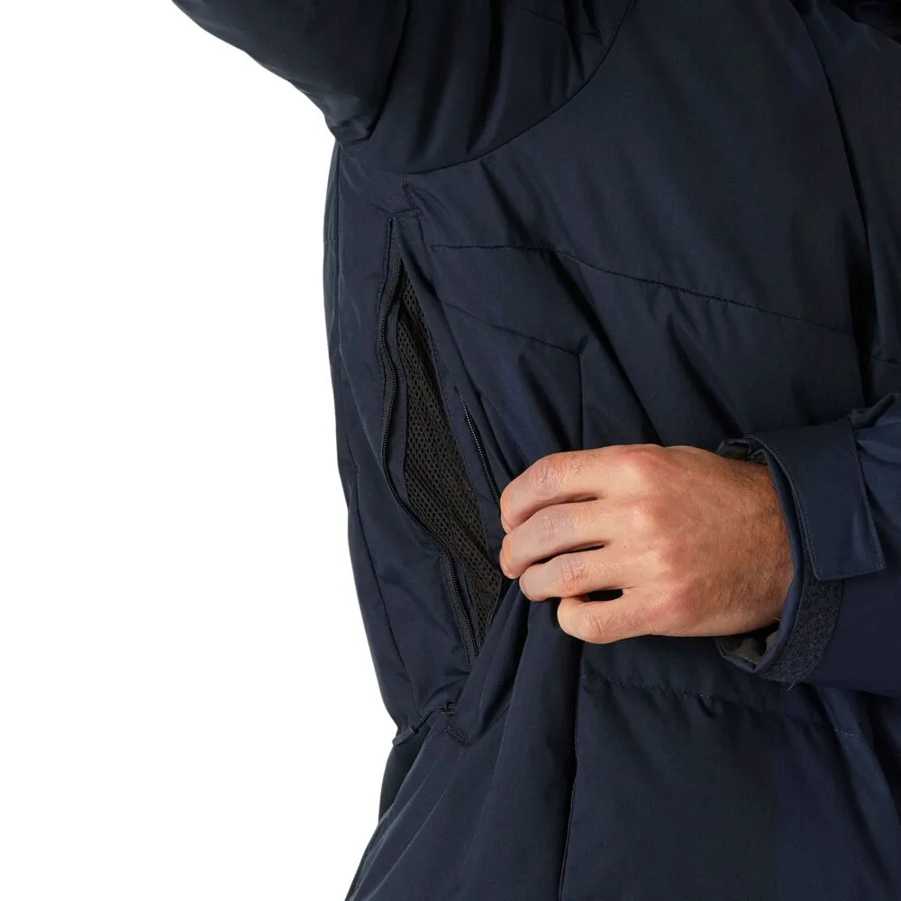 Men’s Hooded Ski Puffer Jacket — Navy — Navy, underarm vent detail, worn