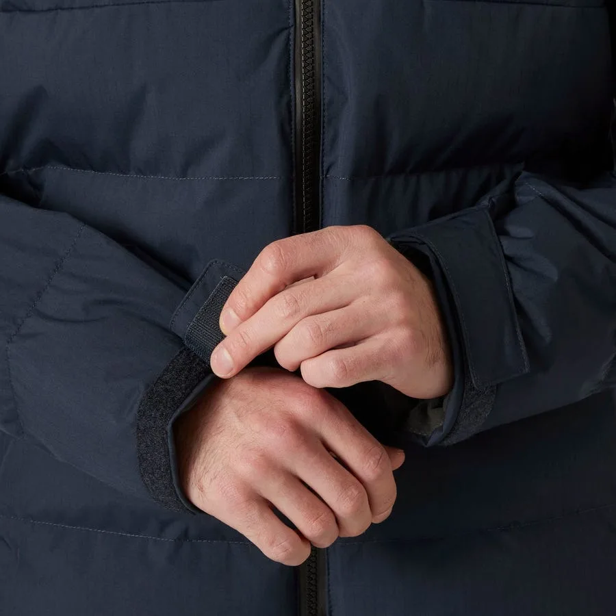 Men’s Hooded Ski Puffer Jacket — Navy — Navy, cuff adjustment detail, worn
