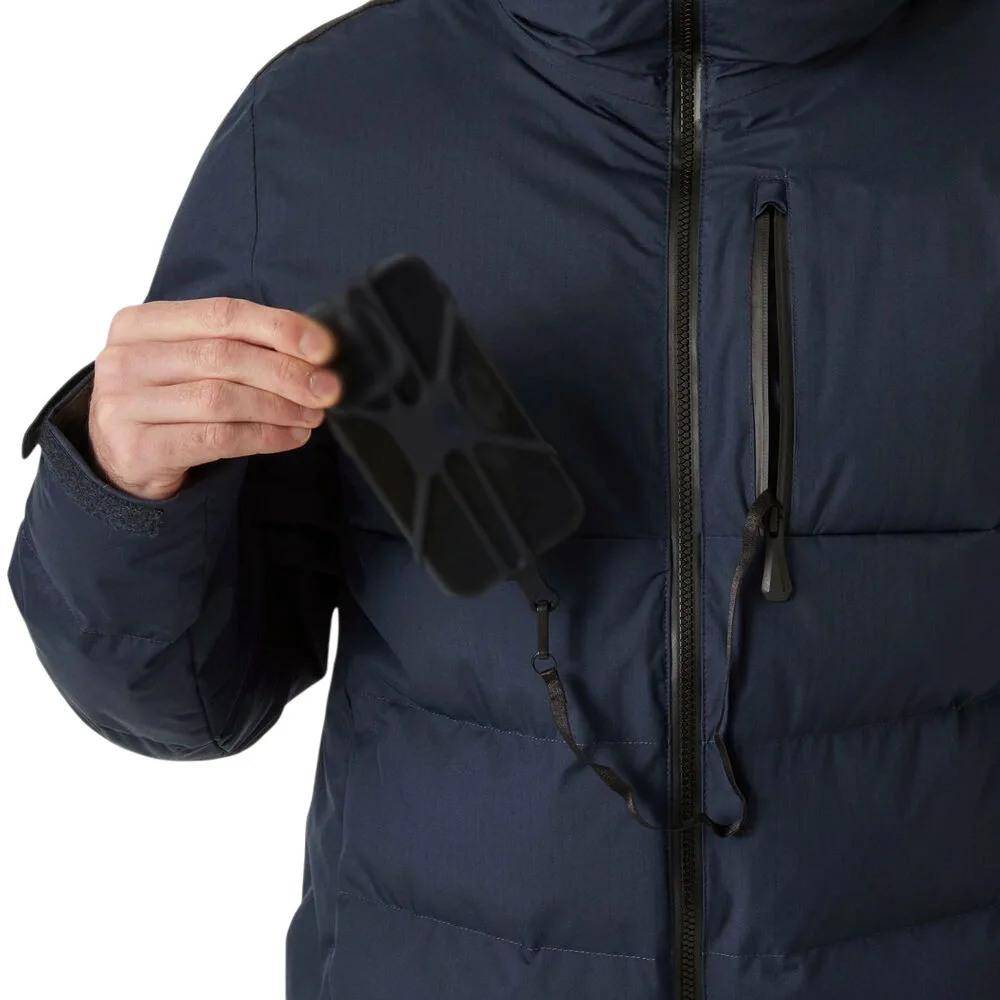 Men’s Hooded Ski Puffer Jacket — Navy — Navy, sleeve pocket with phone, worn
