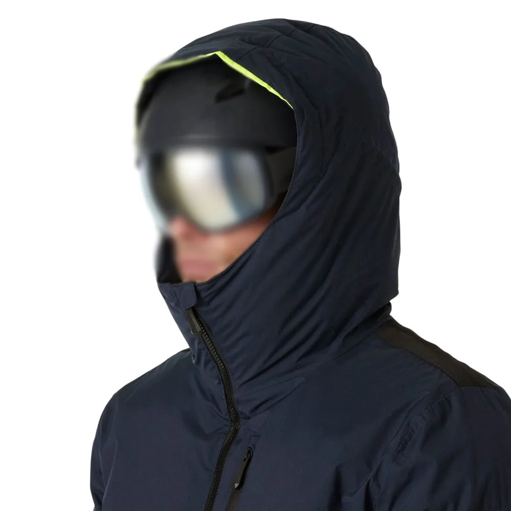 Men’s Hooded Ski Puffer Jacket — Navy — Navy, hood worn over a helmet and goggles