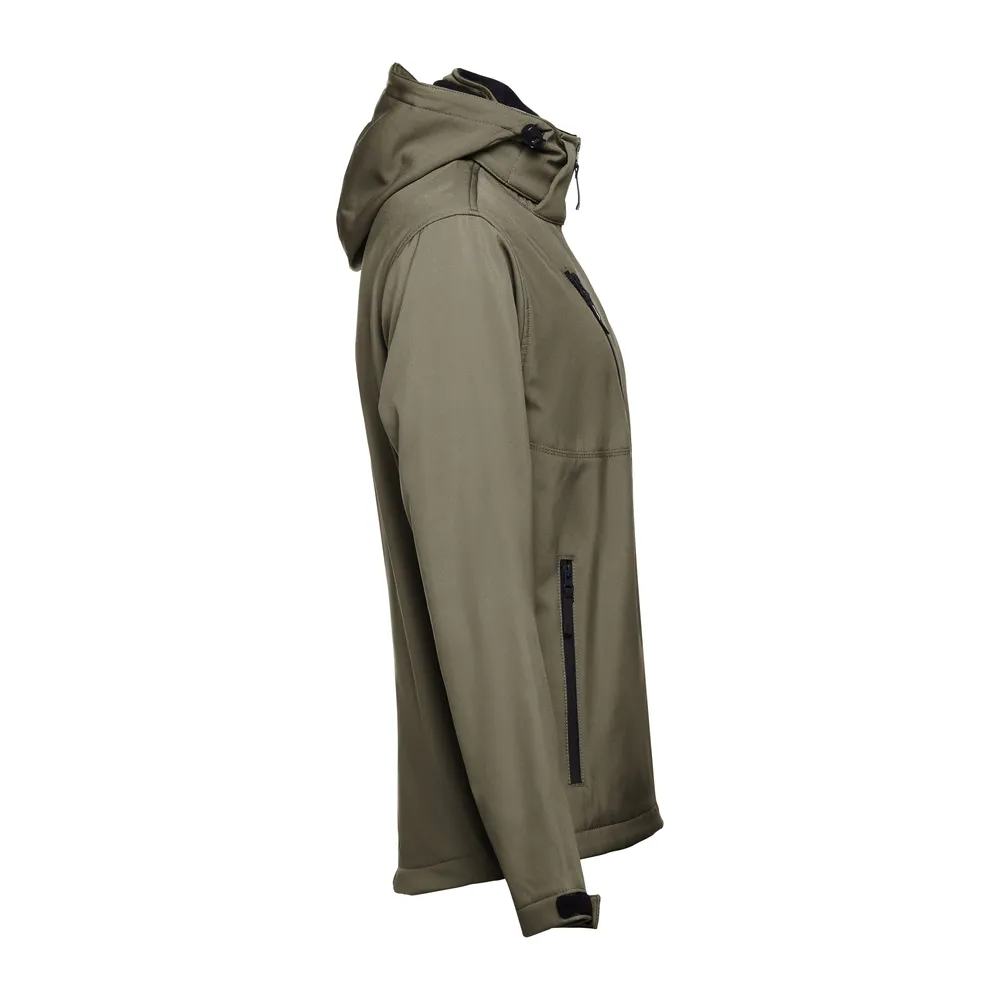 Men’s Hooded Softshell Jacket — Army Green — Army Green, side view, hood folded behind collar