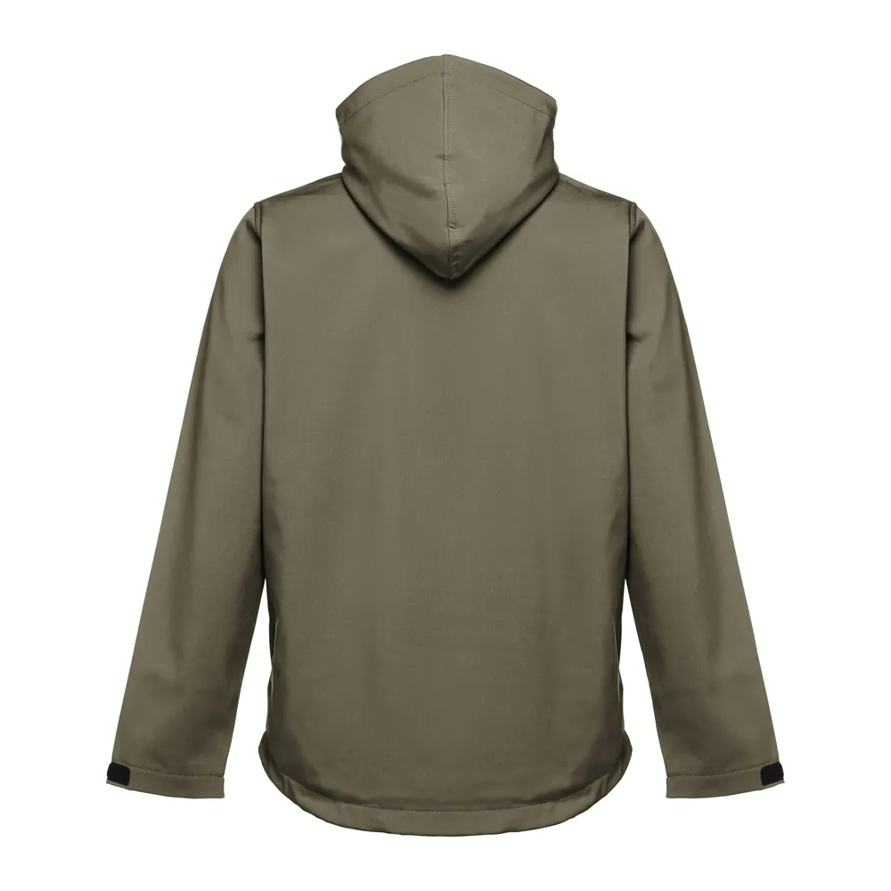 Men’s Hooded Softshell Jacket — Army Green — Army Green, back view, hood visible
