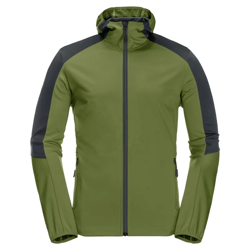Men’s Hooded Softshell Jacket — Army Green, Black & Blue — Army Green, front view