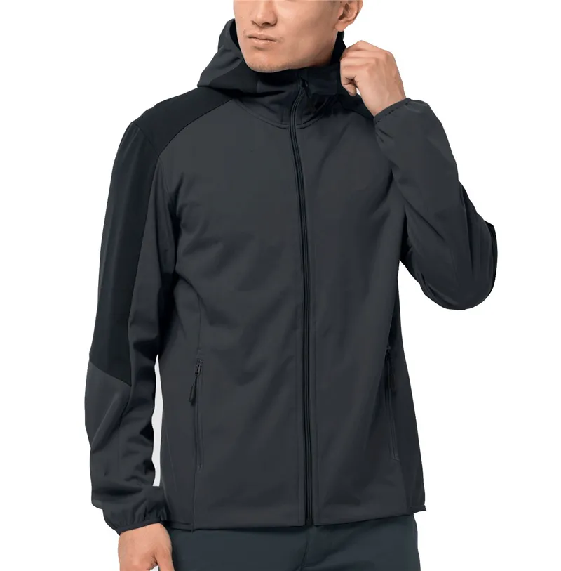 Men’s Hooded Softshell Jacket — Army Green, Black & Blue — Black, front view