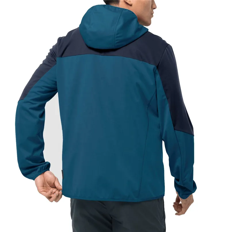 Men’s Hooded Softshell Jacket — Army Green, Black & Blue — Blue, model back view
