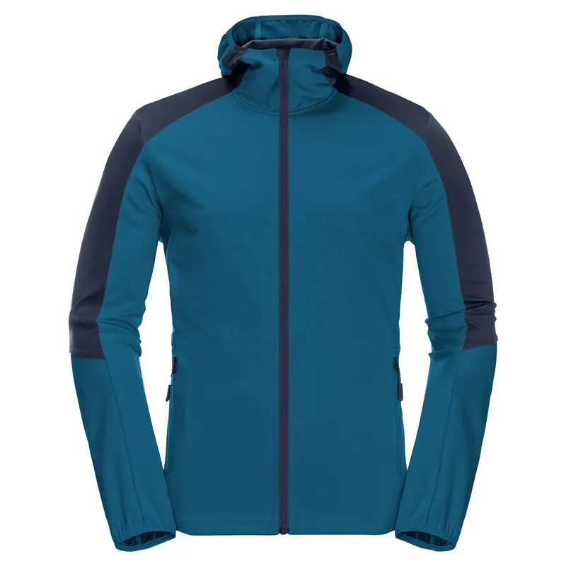 Men’s Hooded Softshell Jacket — Army Green, Black & Blue — Blue, front view