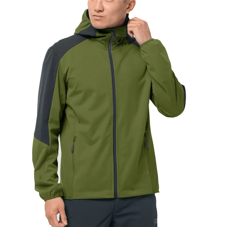 Men’s Hooded Softshell Jacket — Army Green, Black & Blue — Army Green, model front view