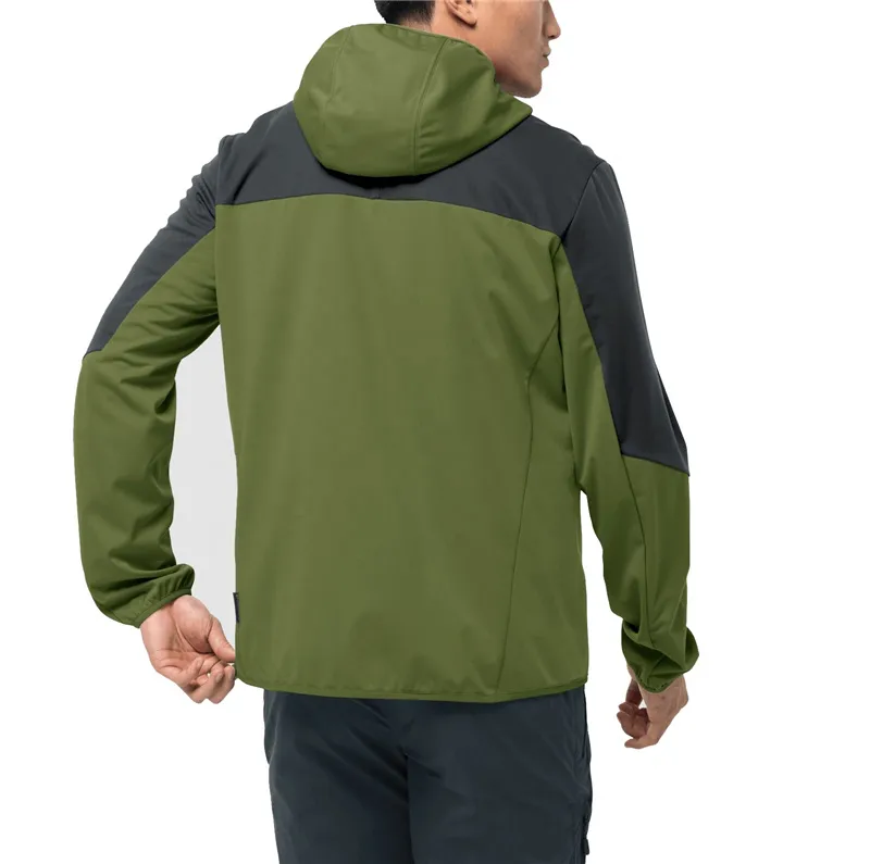 Men’s Hooded Softshell Jacket — Army Green, Black & Blue — Army Green, model back view