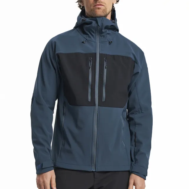 Men’s Hooded Softshell Jacket — Dark Blue & Black — Dark Blue & Black, model front view, hood up