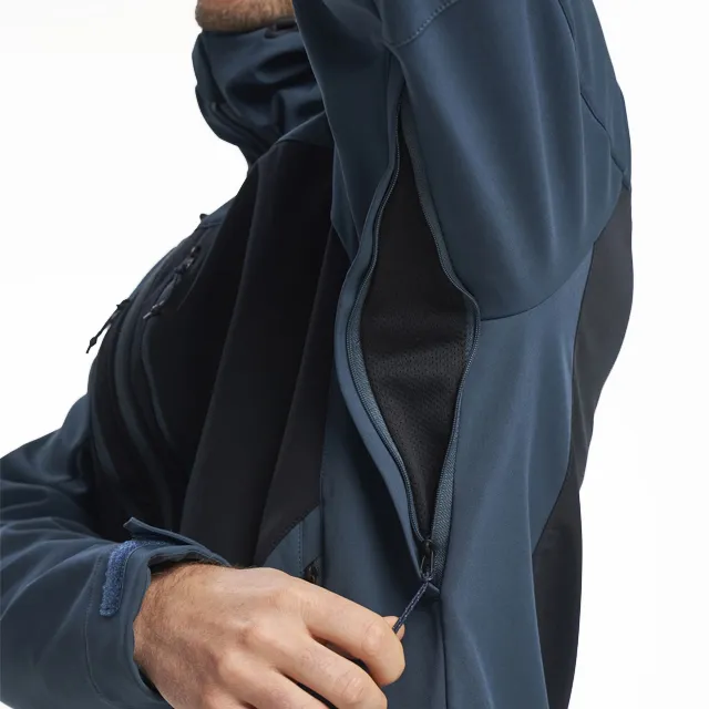 Men’s Hooded Softshell Jacket — Dark Blue & Black — Dark Blue & Black, chest zip detail