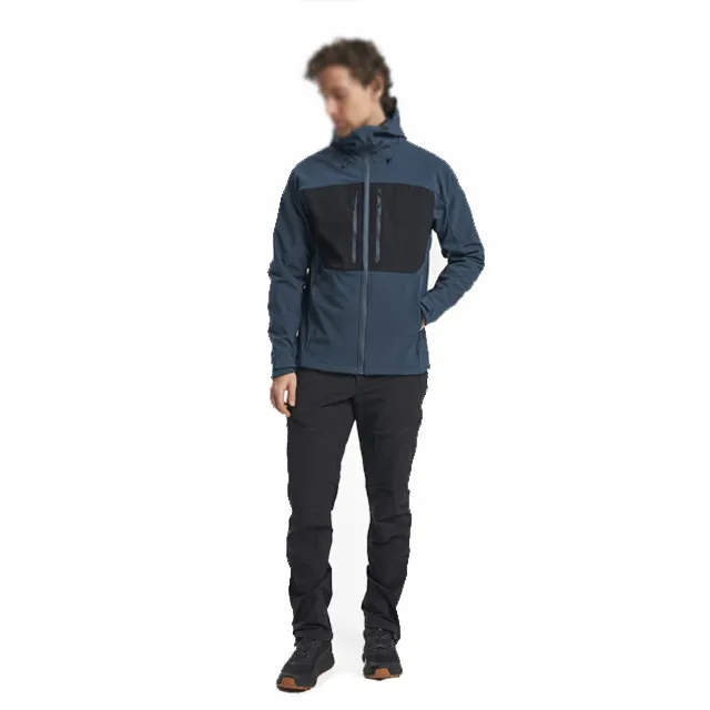 Men’s Hooded Softshell Jacket — Dark Blue & Black — Dark Blue & Black, model full front view