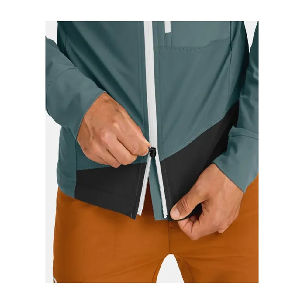 Men’s Hooded Softshell Jacket — Green & Black — Green & Black, two-way zip detail