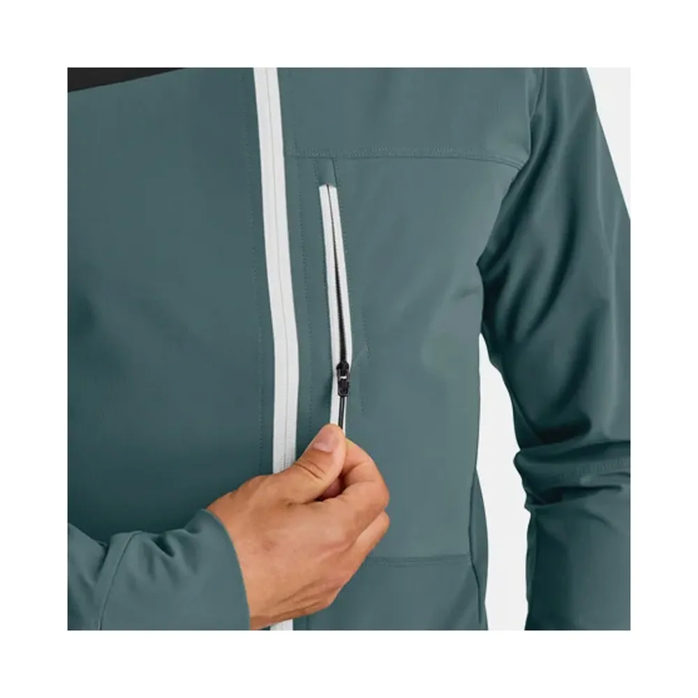 Men’s Hooded Softshell Jacket — Green & Black — Green & Black, chest pocket detail
