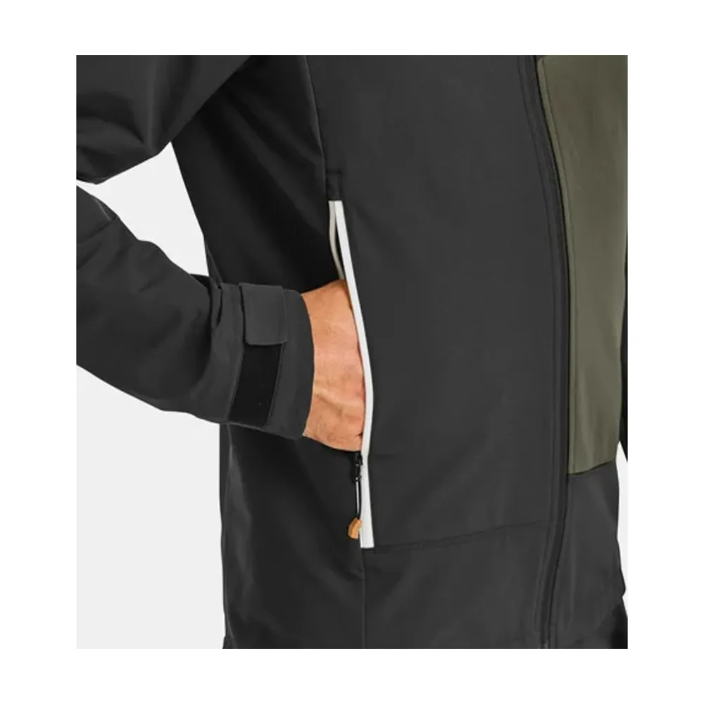 Men’s Hooded Softshell Jacket — Green & Black — Green & Black, side and hand pocket detail