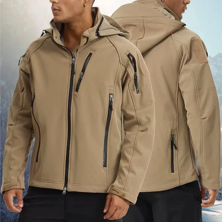 Men’s Hooded Softshell Jacket — Khaki — Khaki, front view, worn