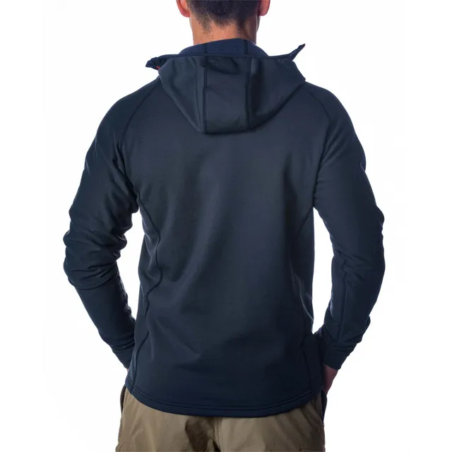Men’s Hooded Softshell Jacket — Navy — Navy, model back view, hood up
