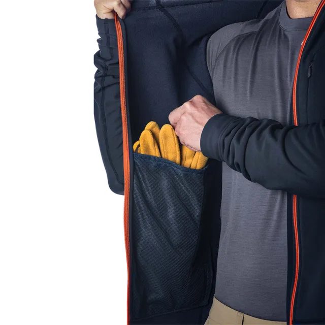 Men’s Hooded Softshell Jacket — Navy — Navy, side pocket detail