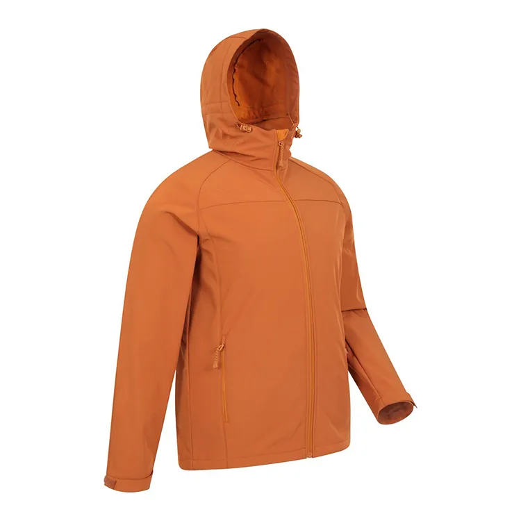 Men’s Hooded Softshell Jacket — Navy & Orange — Orange, three-quarter view