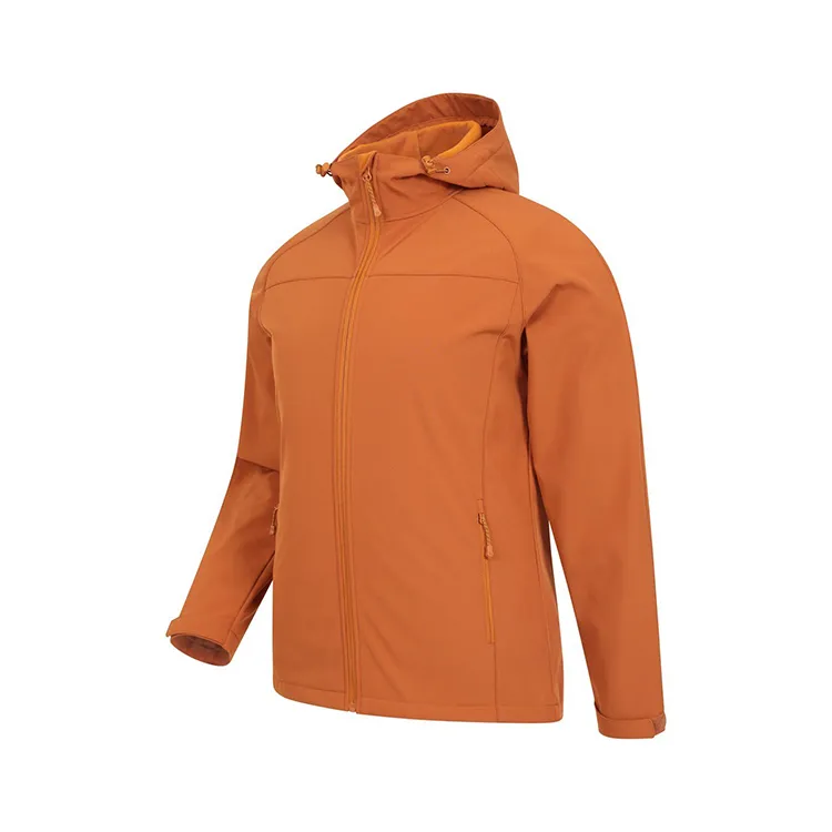 Men’s Hooded Softshell Jacket — Navy & Orange — Orange, side view with hood down