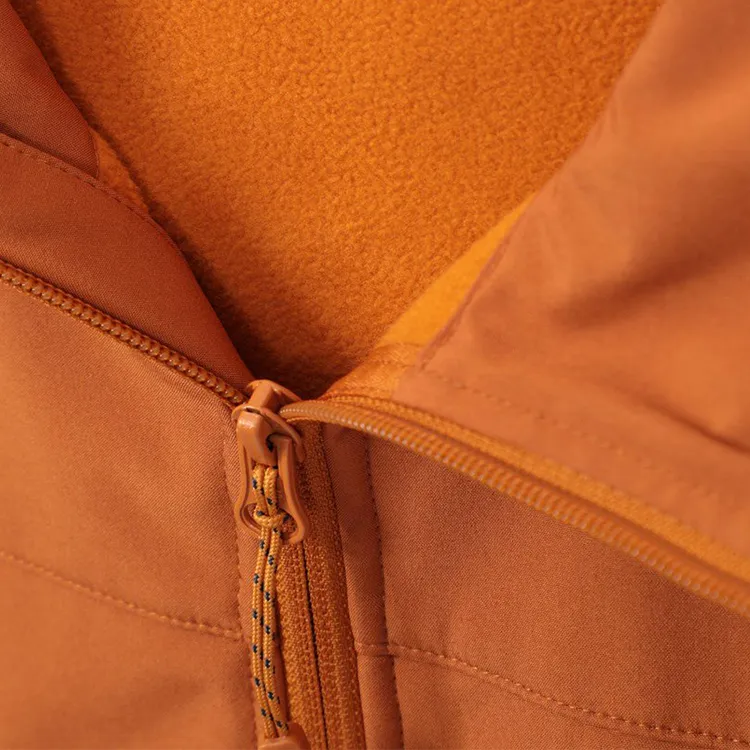Men’s Hooded Softshell Jacket — Navy & Orange — Orange, zip and fleece lining detail