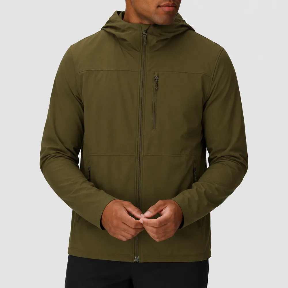 Men’s Hooded Softshell Jacket — Olive — Olive, front view, worn