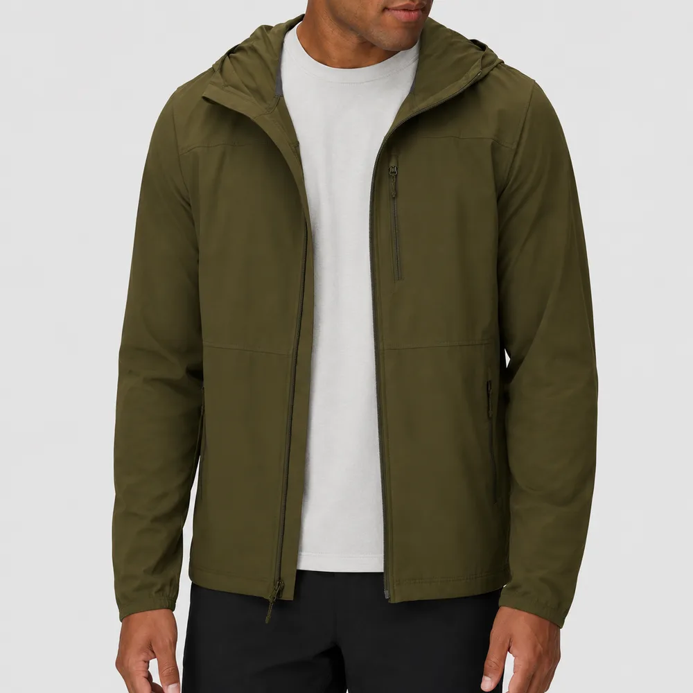 Men’s Hooded Softshell Jacket — Olive — Olive, front view, worn open
