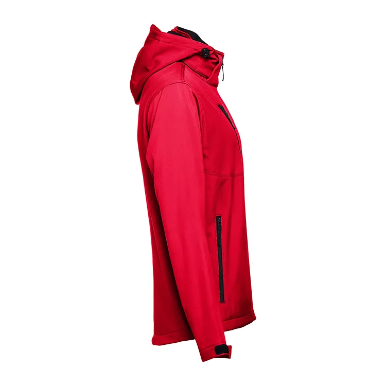 Men’s Hooded Softshell Jacket — Red — Red, side view, hood up