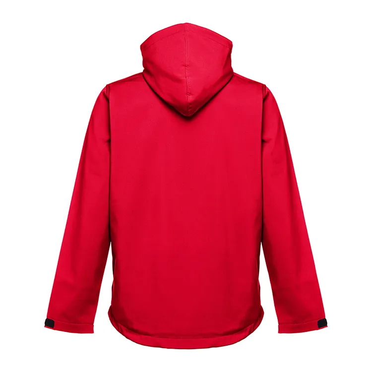 Men’s Hooded Softshell Jacket — Red — Red, back view, hood up