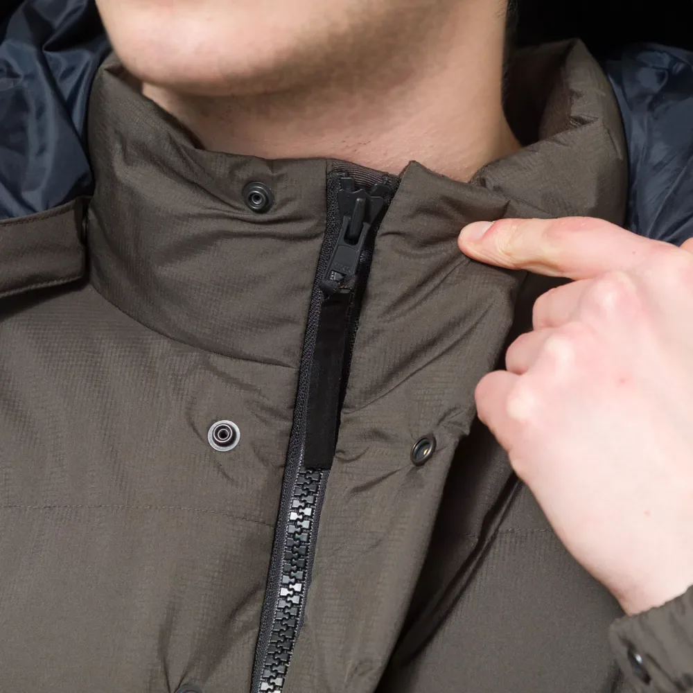 Men’s Insulated Jacket — Olive Drab — Olive Drab, collar and placket detail, worn