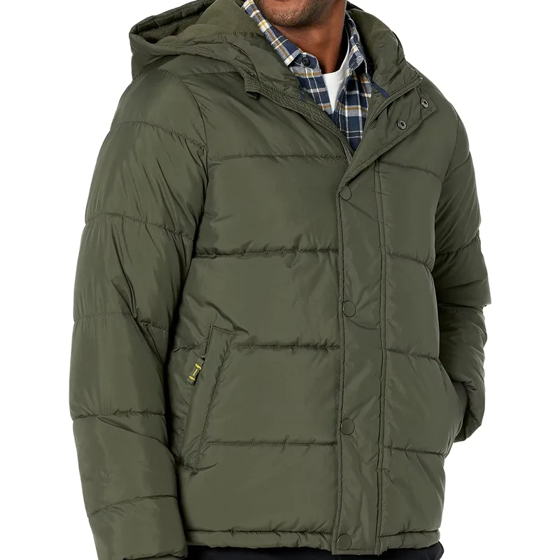 Men's Lightweight Hooded Puffer Jacket — 4 Colourways — Dark Green, worn front view