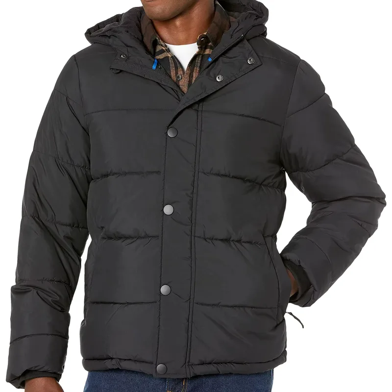 Men's Lightweight Hooded Puffer Jacket — 4 Colourways — Black, worn front view