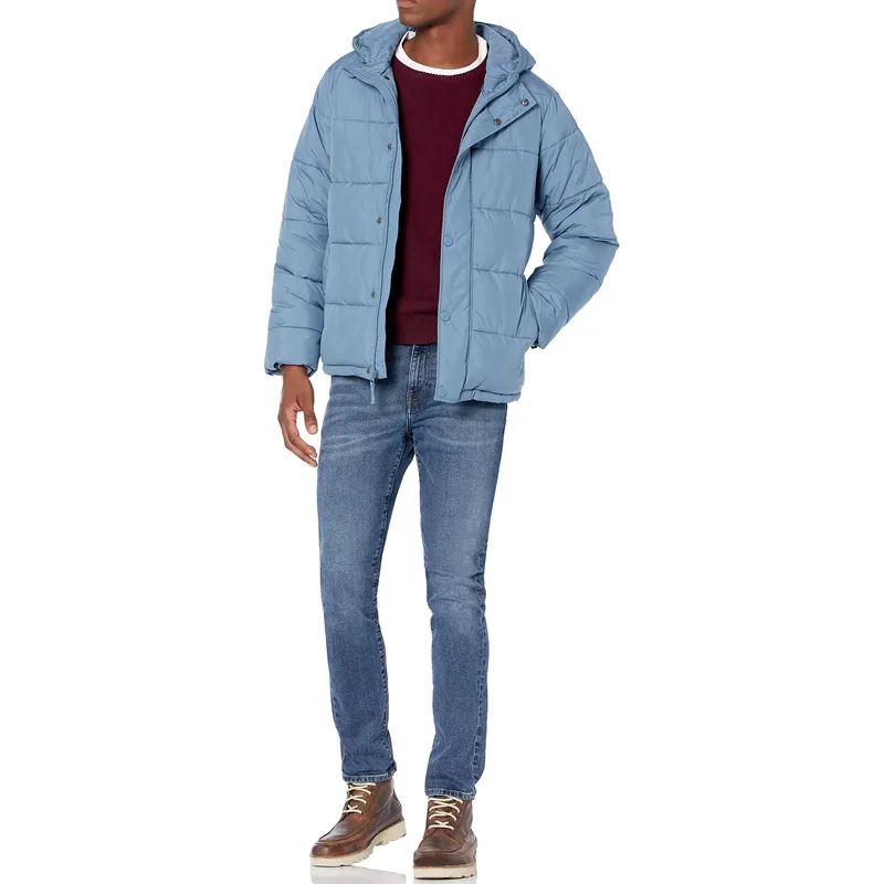Men's Lightweight Hooded Puffer Jacket — 4 Colourways — Light Blue, worn full-length view
